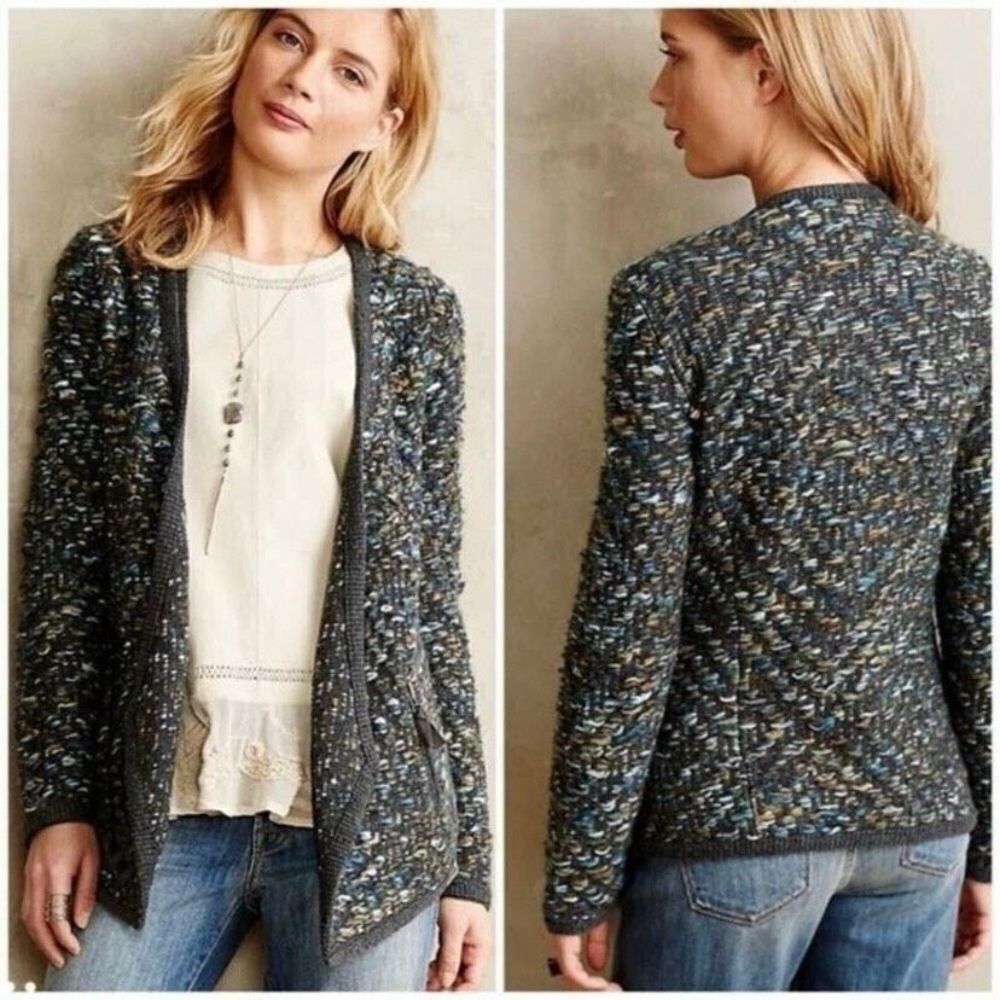 Anthropologie Keavy Chunky Knit Wool Blend Cardigan Sweater Grey Multi Size XS